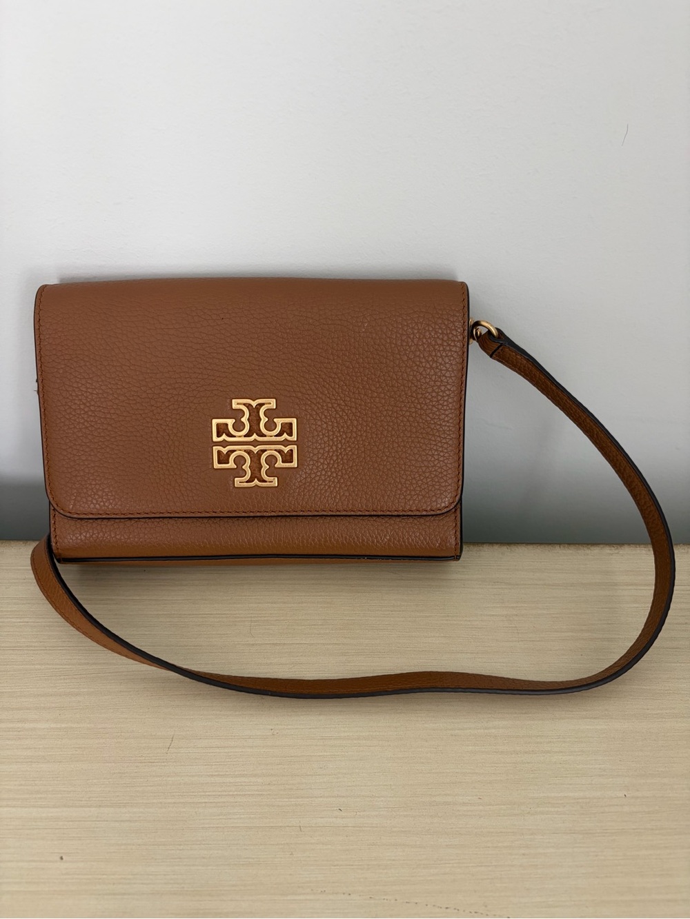 Tory Burch Britten Combo Crossbody Pebbled Leather Brown Gold
